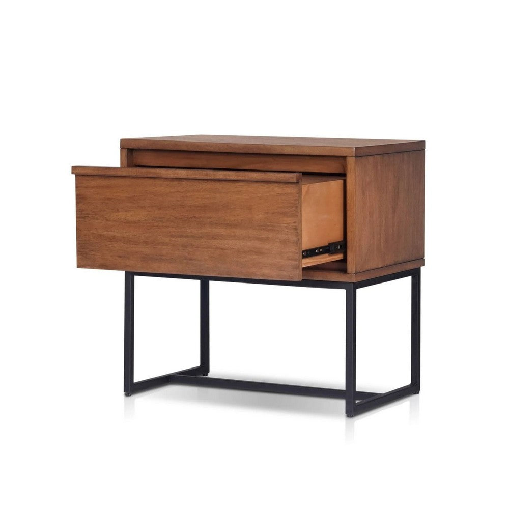 Rya Nightstand with 1 Drawer, Gray Metal Legs, Teak Brown - BM352133