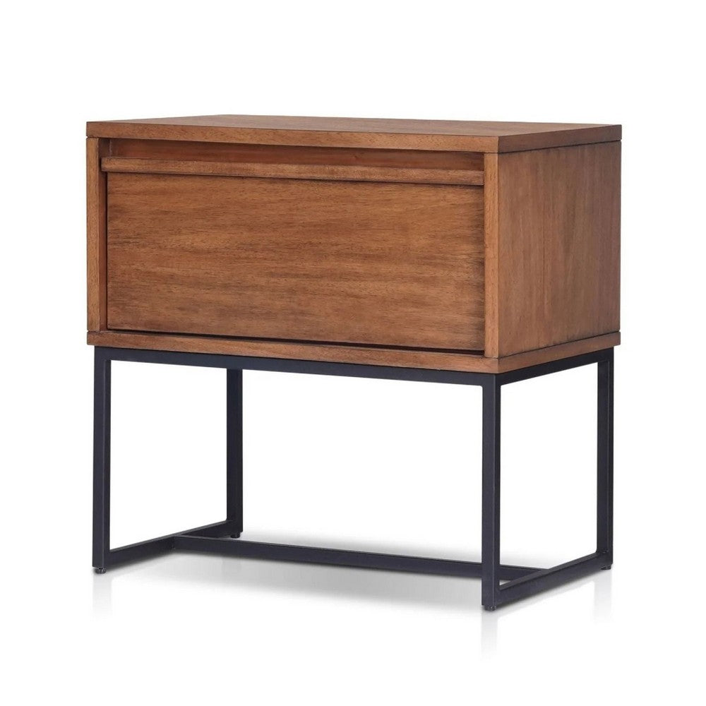 Rya Nightstand with 1 Drawer, Gray Metal Legs, Teak Brown - BM352133