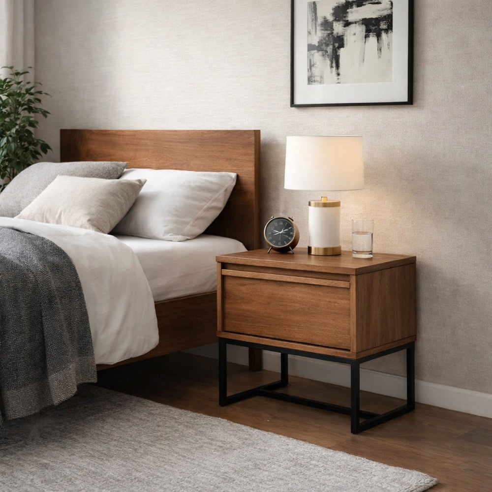 Rya Nightstand with 1 Drawer, Gray Metal Legs, Teak Brown - BM352133