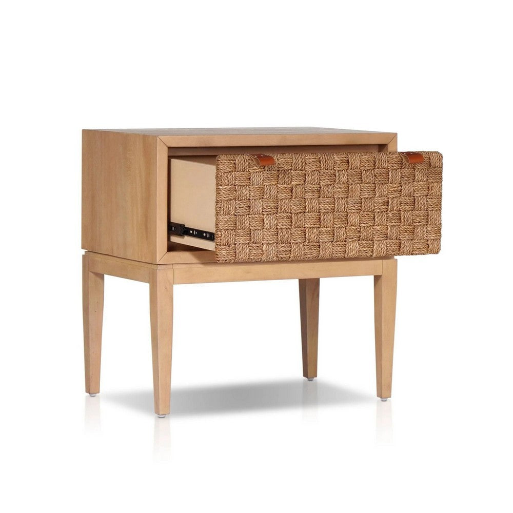 Rena Nightstand, 1 Drawer with Sea Grass Accent Front, Natural Brown - BM352134