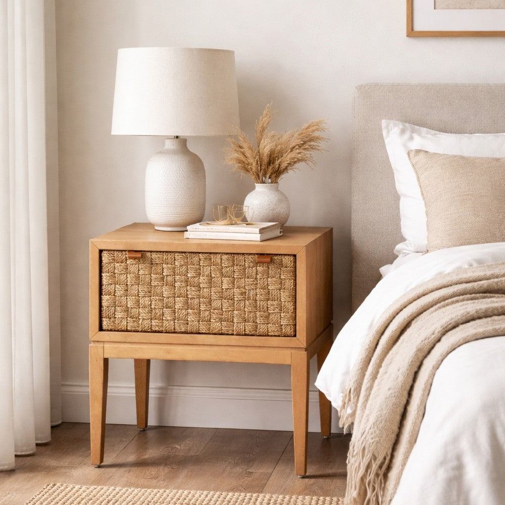 Rena Nightstand, 1 Drawer with Sea Grass Accent Front, Natural Brown - BM352134