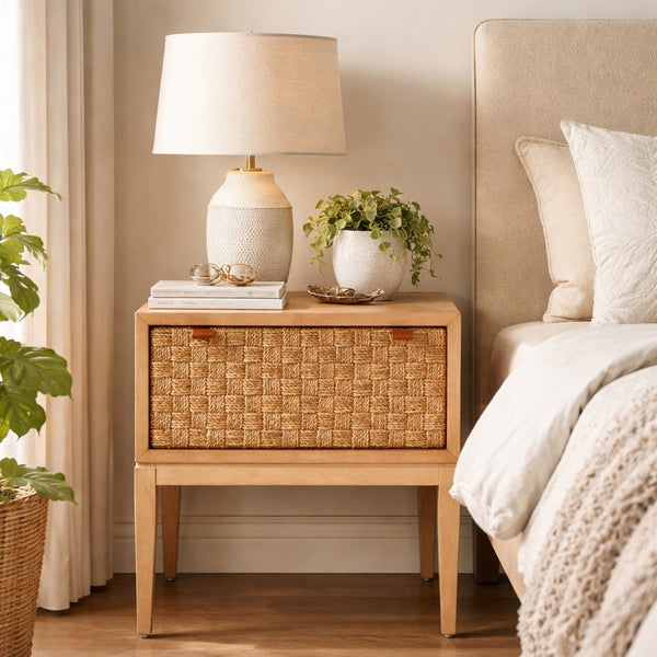 Rena Nightstand, 1 Drawer with Sea Grass Accent Front, Natural Brown - BM352134