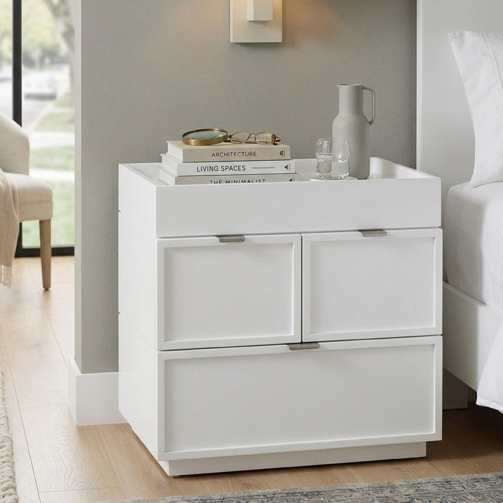Sena Nightstand with Tray Top, 2 Soft Close Drawers, Glam White - BM352136