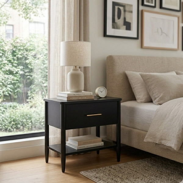 Lex Bedside Nightstand, 1 Drawer and Fixed Open Shelf, Black - BM352137