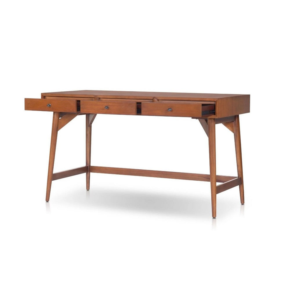 Ian Large Office Desk, 3 Felt Lined Drawers, Chestnut Brown Wood 52 Inch - BM352143