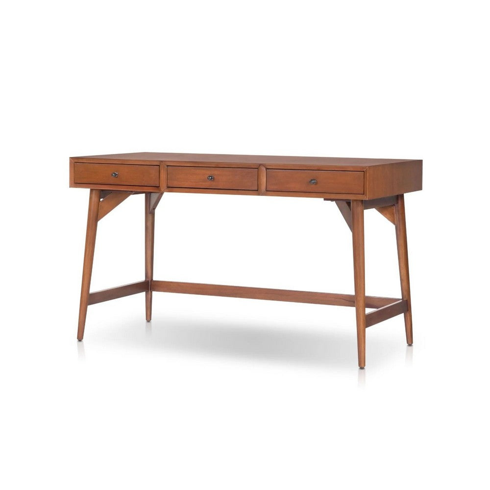 Ian Large Office Desk, 3 Felt Lined Drawers, Chestnut Brown Wood 52 Inch - BM352143