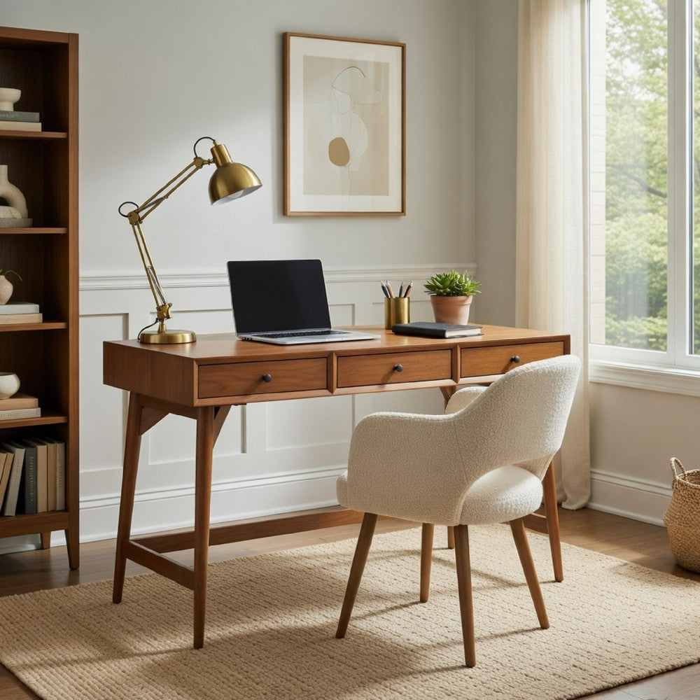 Ian Large Office Desk, 3 Felt Lined Drawers, Chestnut Brown Wood 52 Inch - BM352143