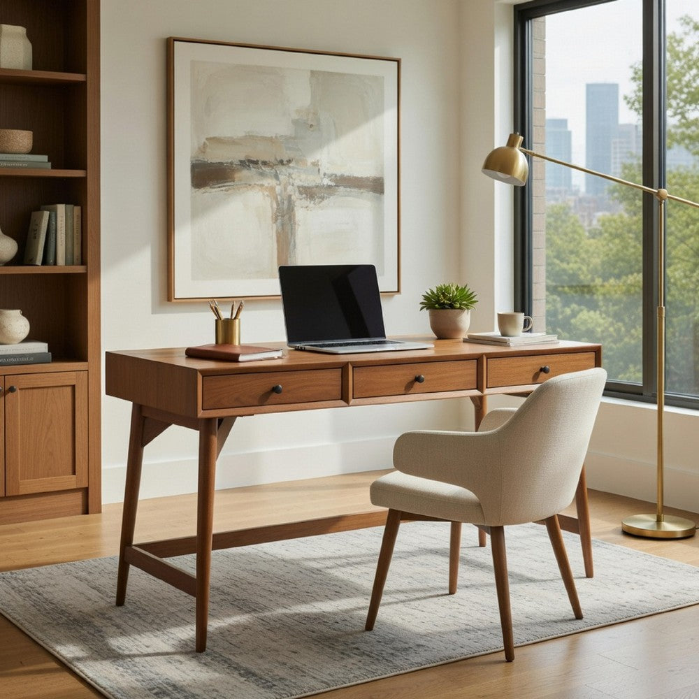 Ian Large Office Desk, 3 Felt Lined Drawers, Chestnut Brown Wood 52 Inch - BM352143