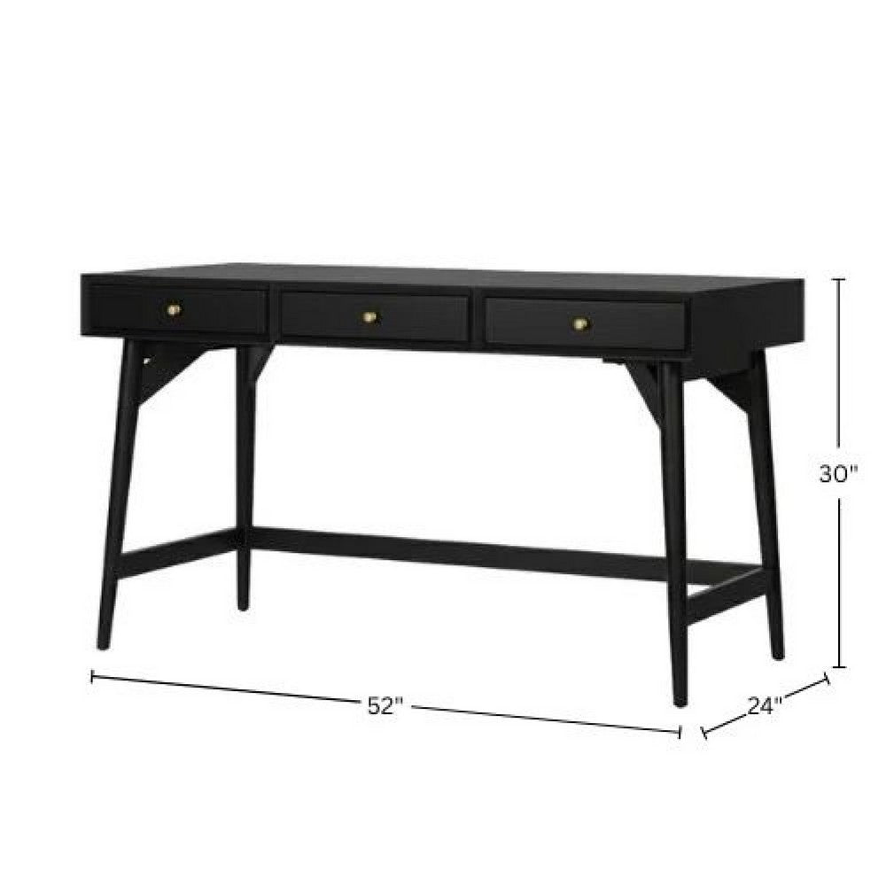 Ian Large Office Desk, 3 Felt Lined Drawers, Modern Black Wood 52 Inch - BM352144