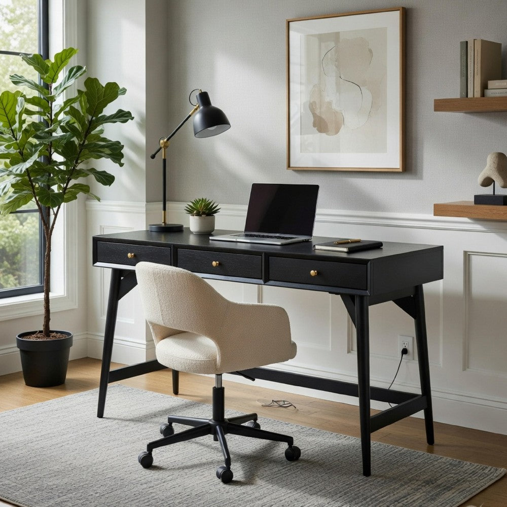 Ian Large Office Desk, 3 Felt Lined Drawers, Modern Black Wood 52 Inch - BM352144