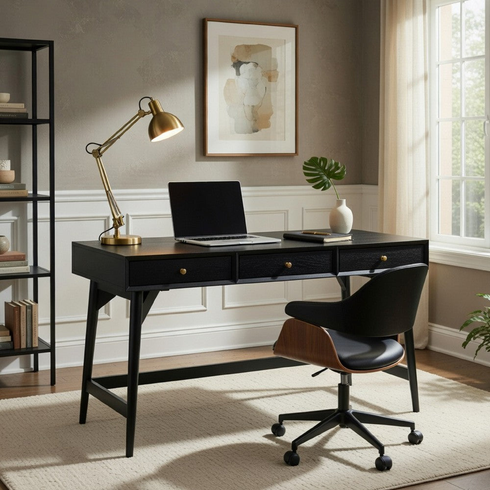 Ian Large Office Desk, 3 Felt Lined Drawers, Modern Black Wood 52 Inch - BM352144