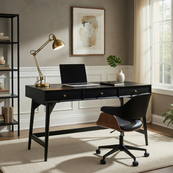 Ian Large Office Desk, 3 Felt Lined Drawers, Modern Black Wood 52 Inch - BM352144