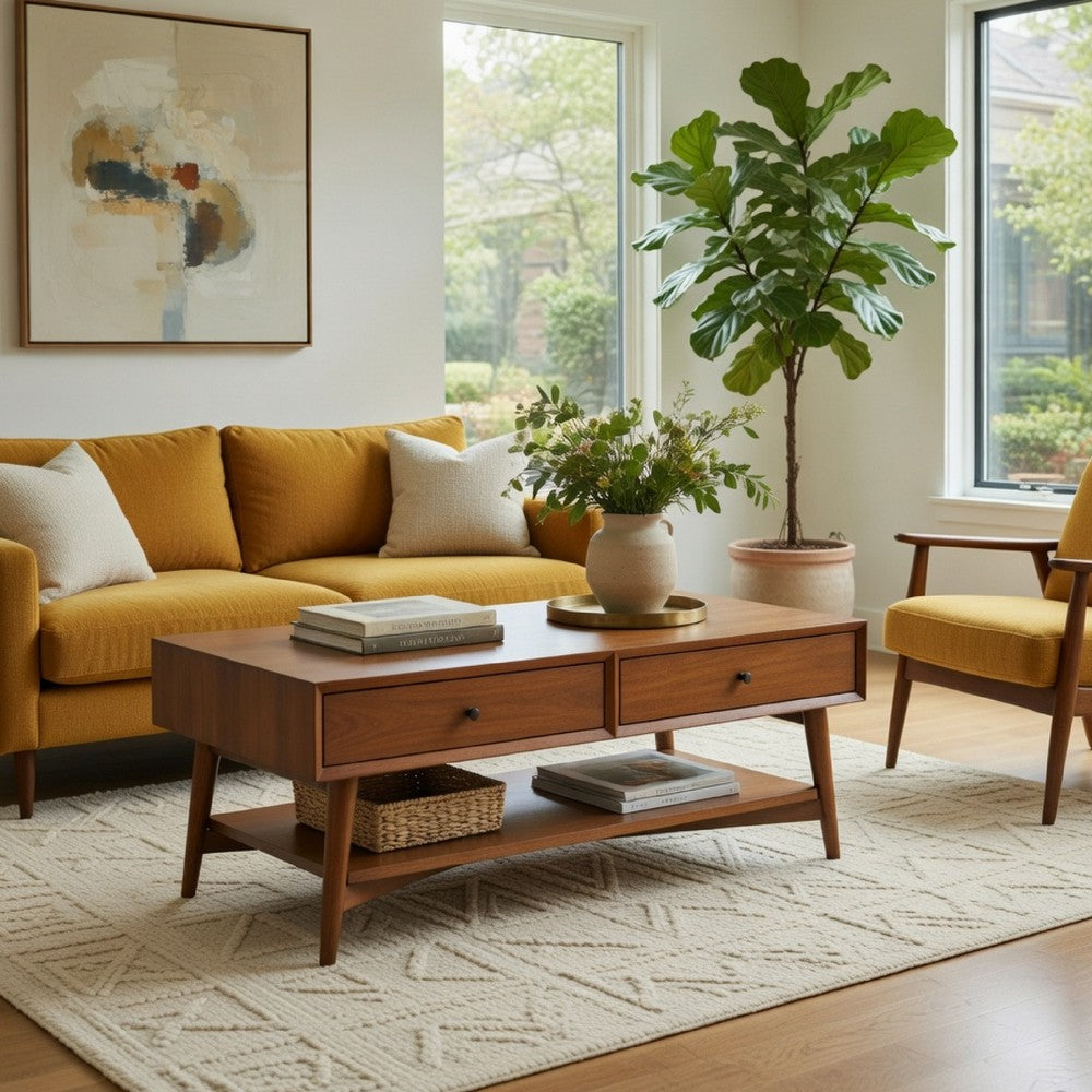 Ian Coffee Table, 2 Drawers and Shelf, Chestnut Brown 48 Inch Rectangular - BM352145