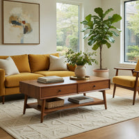 Ian Coffee Table, 2 Drawers and Shelf, Chestnut Brown 48 Inch Rectangular - BM352145