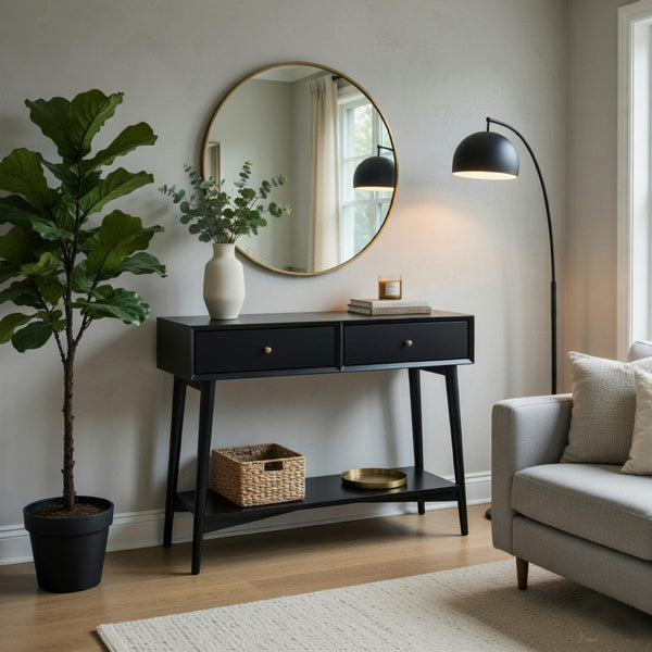 Ian Console Table, 2 Drawers w Shelf, Modern Black, 42 Inch Rectangular - BM352148