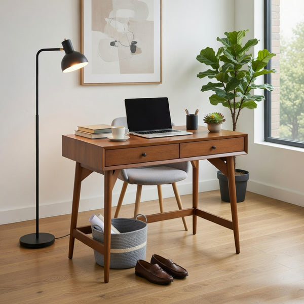 Ian Mini Office Desk, 2 Felt Lined Drawers, Chestnut Brown Wood 36 Inch - BM352149
