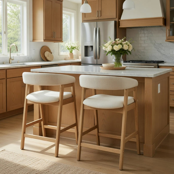 Vecy Counter Height Chair Set of 2, Beige Polyester, Natural Brown Wood - BM352154