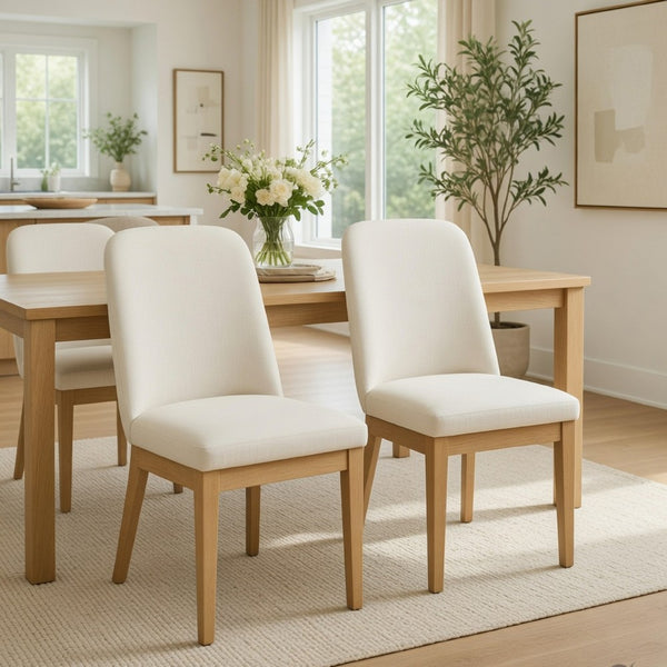 Abil Side Chair Set of 2, Curved Back, Ivory Polyester, Natural Brown - BM352155