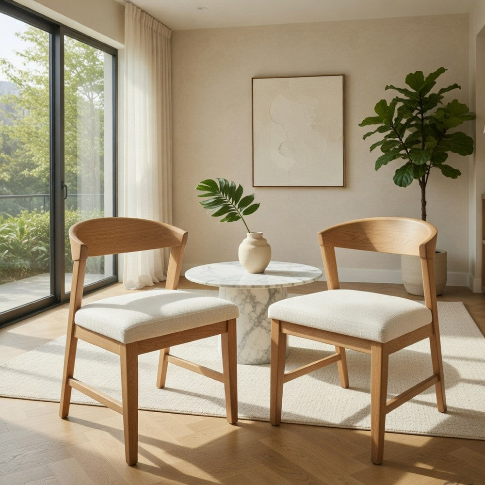 Vecy Side Chair Set of 2, Ivory Fabric Seat, Curved Back, Natural Brown - BM352157