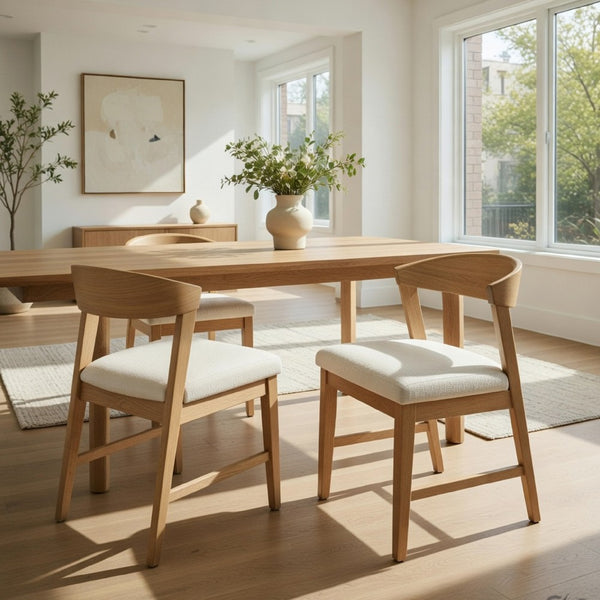 Vecy Side Chair Set of 2, Ivory Fabric Seat, Curved Back, Natural Brown - BM352157