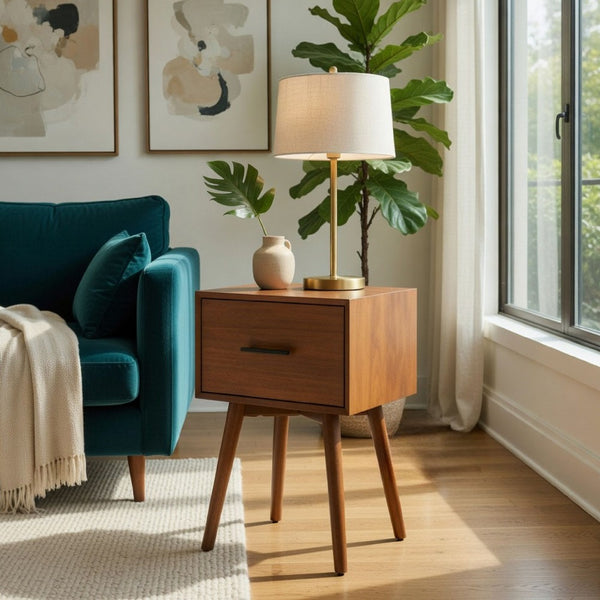 Ian Side End Table w Drawer, Chestnut Brown Wood, 18 Inch Rectangular - BM352158