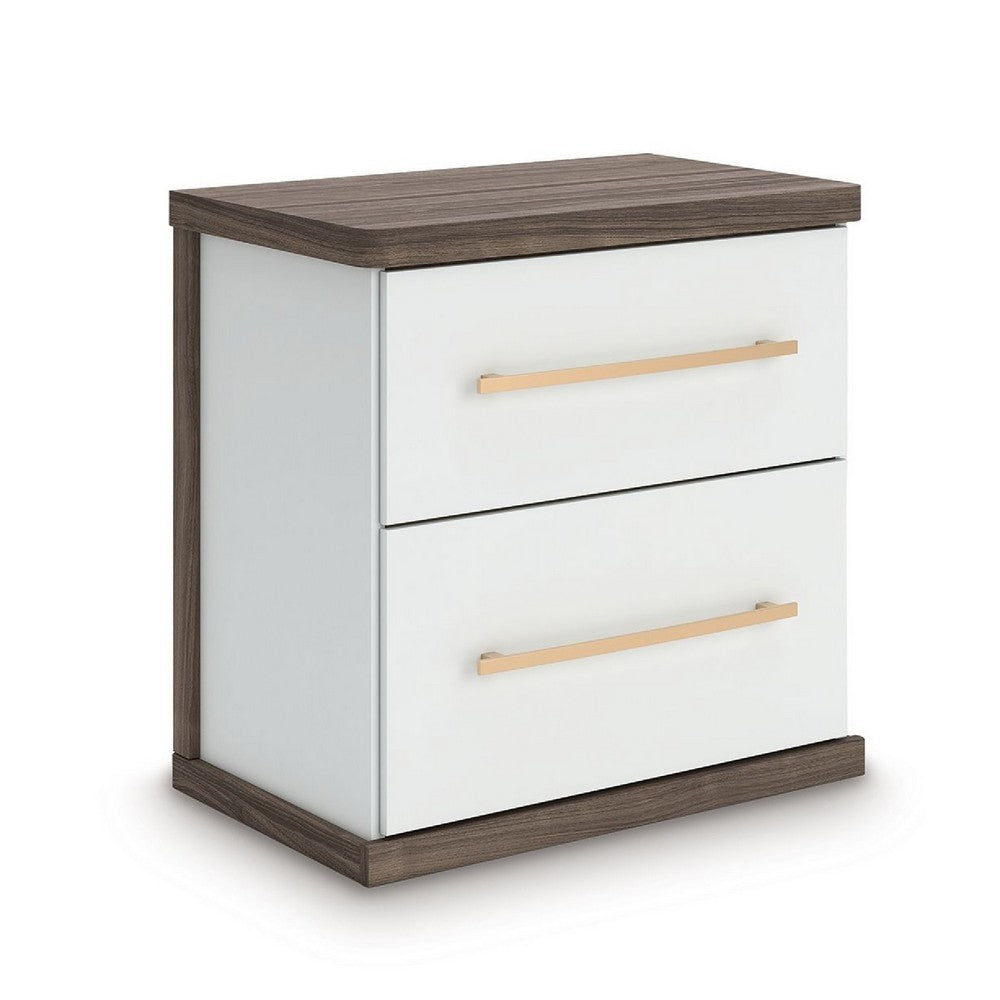 Keny Nightstand, 2 Drawers with Gold Handles, Matte White, Dark Brown - BM352165