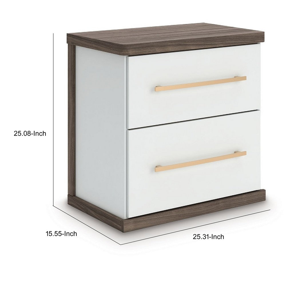 Keny Nightstand, 2 Drawers with Gold Handles, Matte White, Dark Brown - BM352165