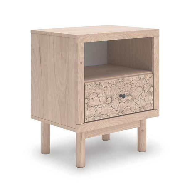 Rox Nighstand, 1 Floral Pattern Drawer Front and USB Port, Oak Brown - BM352166