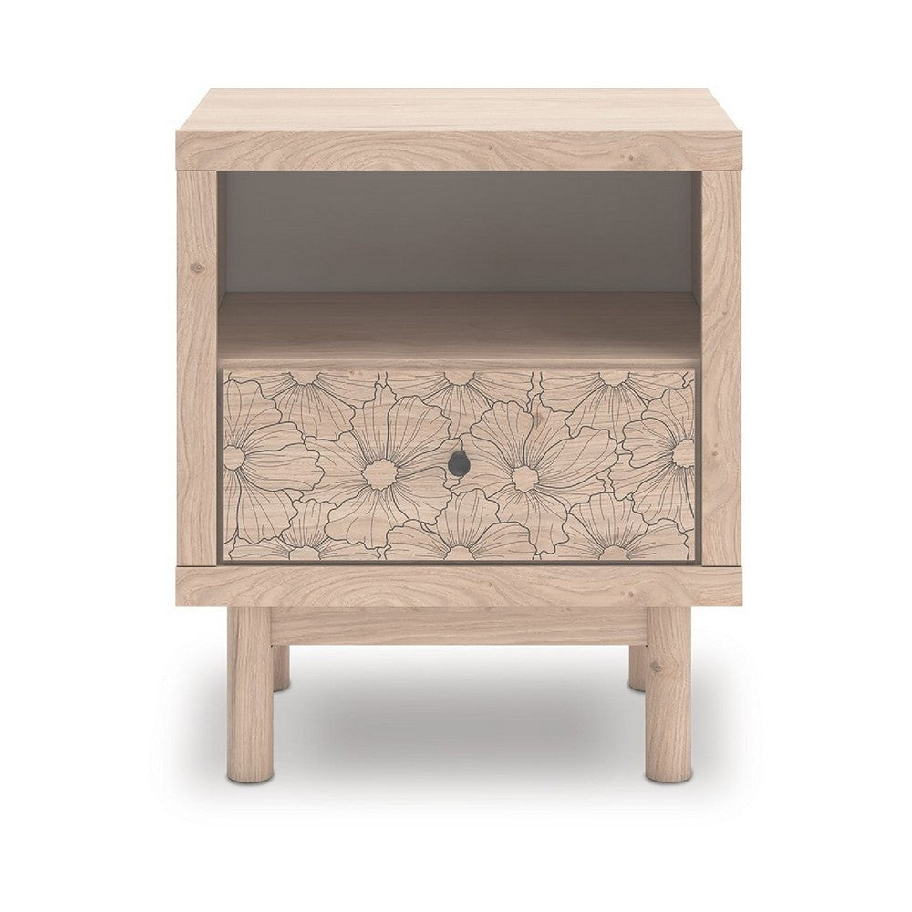 Rox Nighstand, 1 Floral Pattern Drawer Front and USB Port, Oak Brown - BM352166