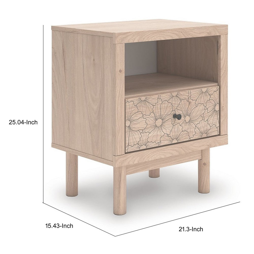 Rox Nighstand, 1 Floral Pattern Drawer Front and USB Port, Oak Brown - BM352166