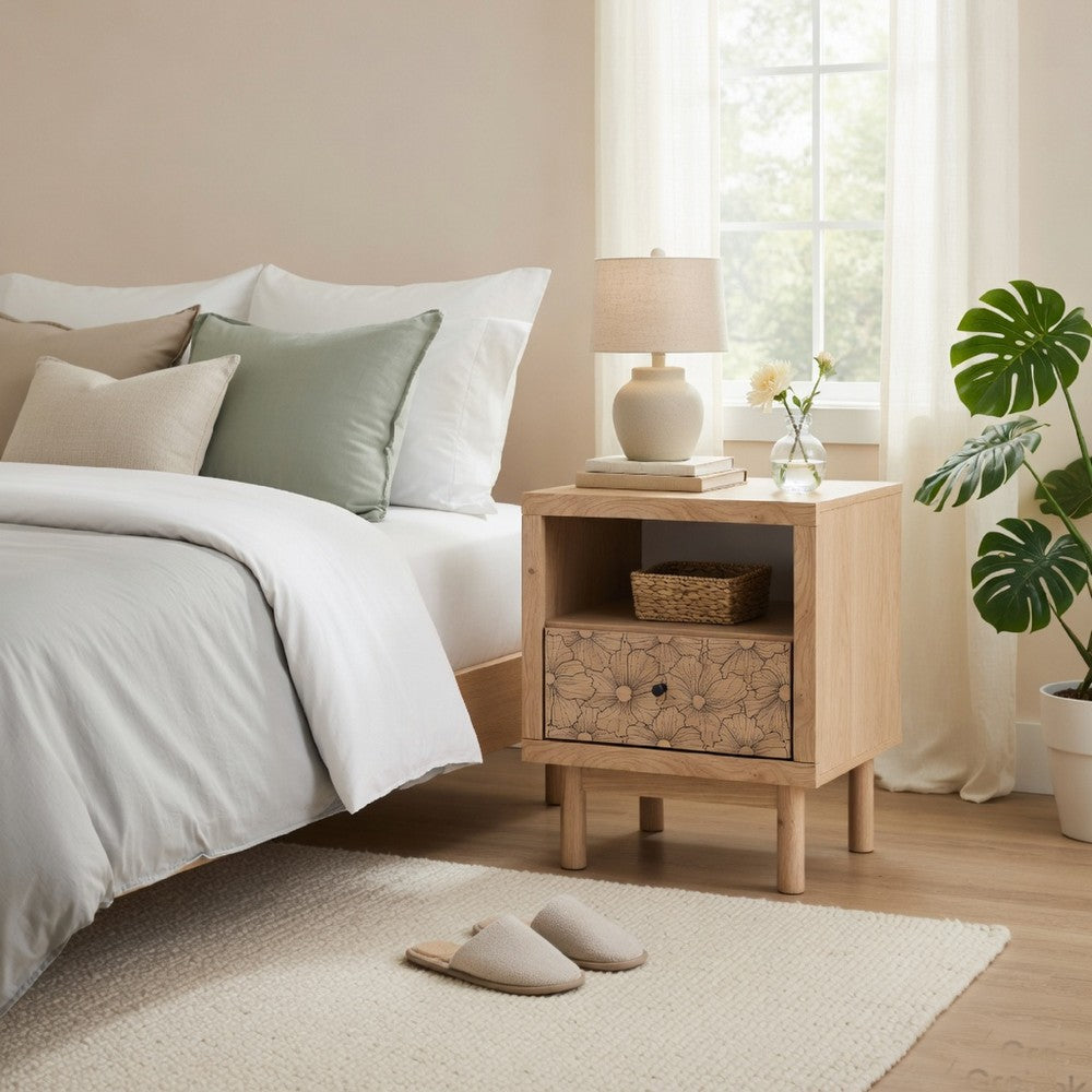 Rox Nighstand, 1 Floral Pattern Drawer Front and USB Port, Oak Brown - BM352166