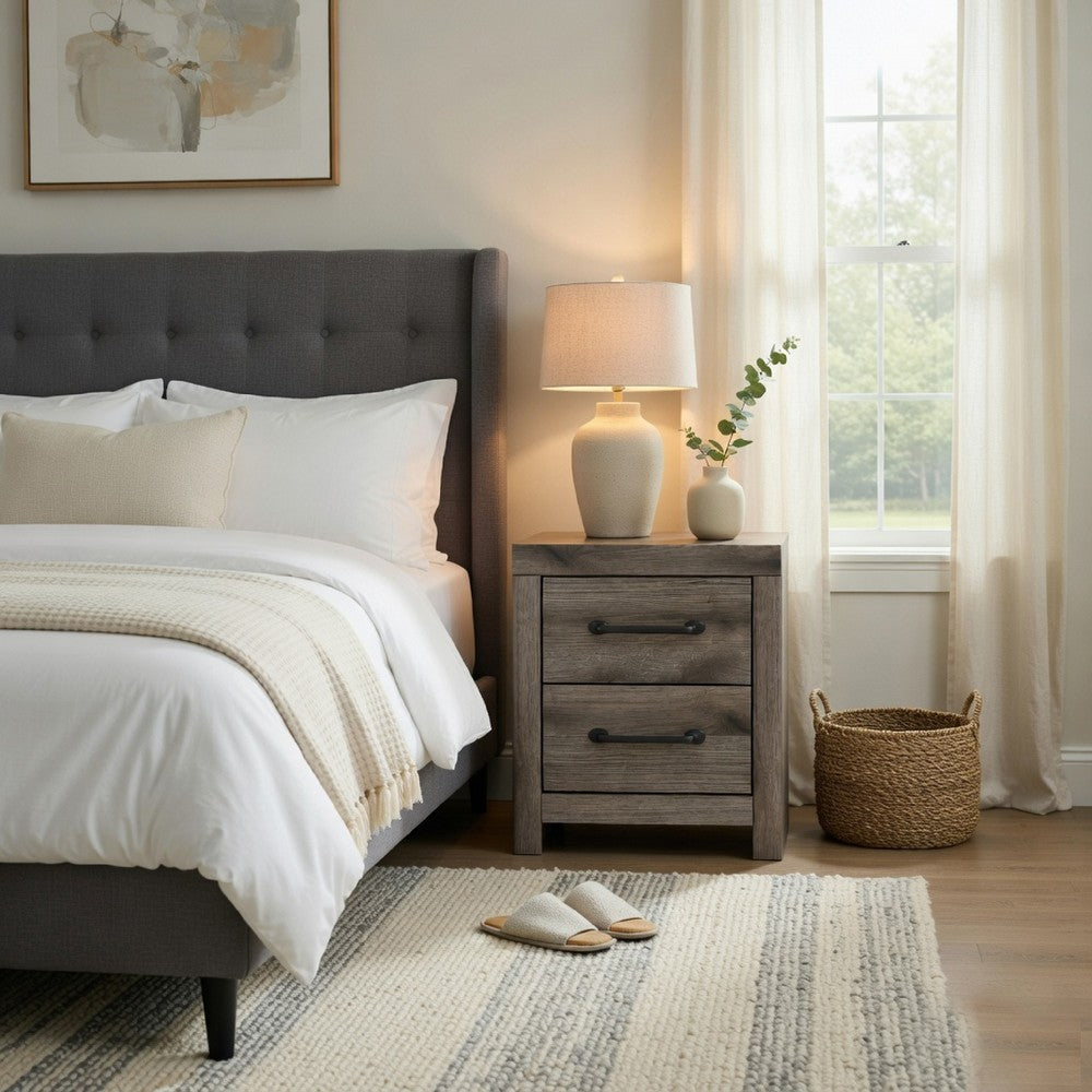 Gesa Nightstand, 2 Drawers with Bar Handles, USB Port, Weathered Gray - BM352169