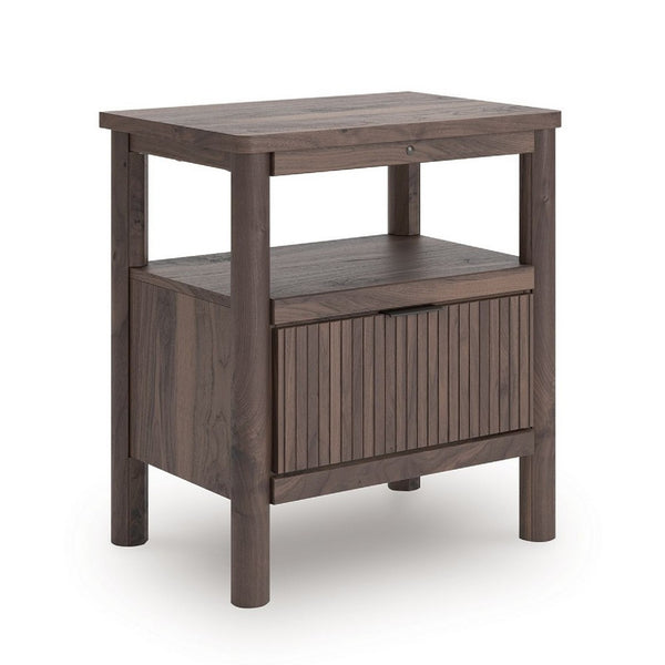 Pemy Nightstand, 1 Reeded Drawer, Open Shelf, USB Ports, Brown - BM352170