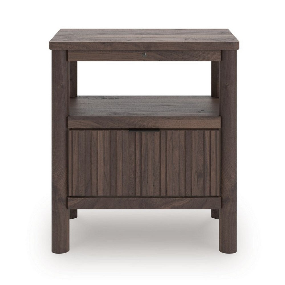 Pemy Nightstand, 1 Reeded Drawer, Open Shelf, USB Ports, Brown - BM352170
