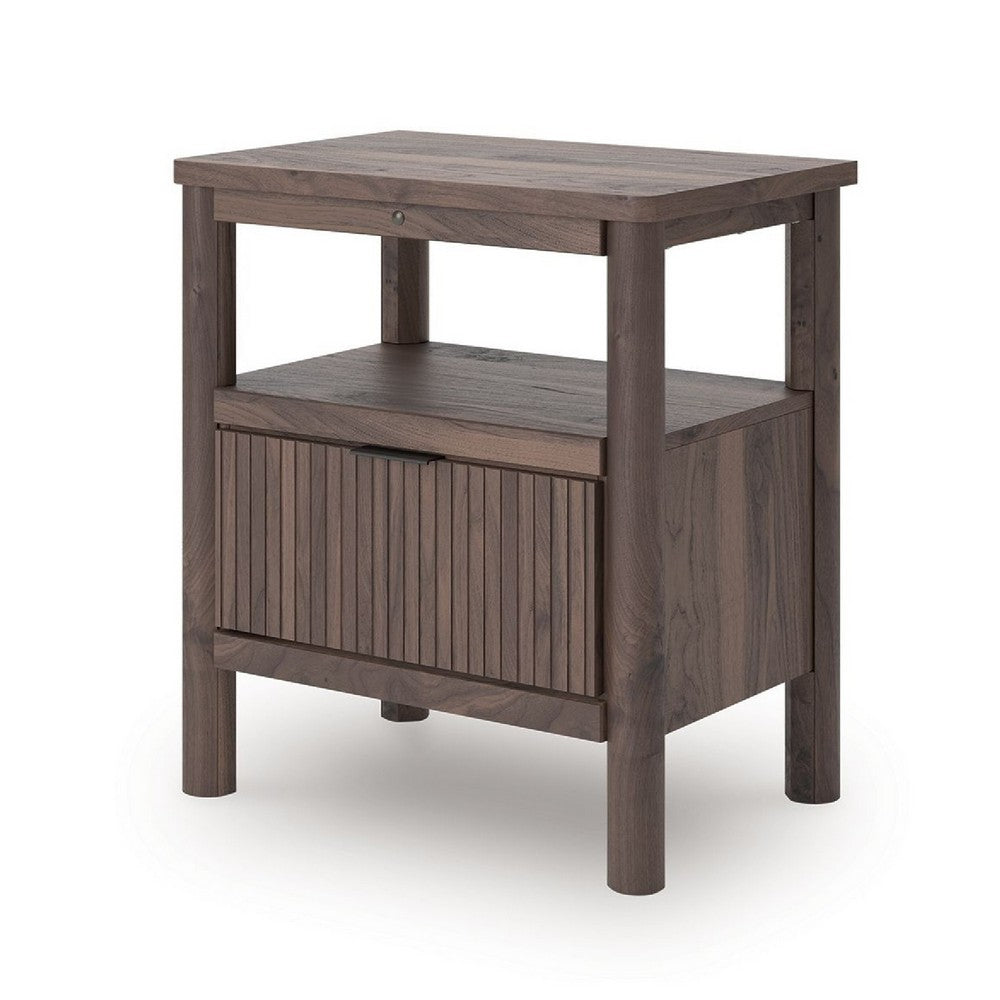 Pemy Nightstand, 1 Reeded Drawer, Open Shelf, USB Ports, Brown - BM352170