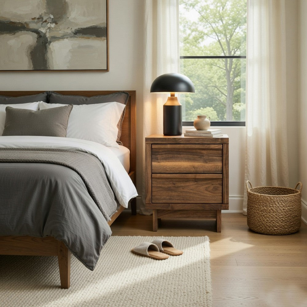 Lina Nightstand, 2 Drawers with Finger Tab Pulls, USB Ports, Brown - BM352171