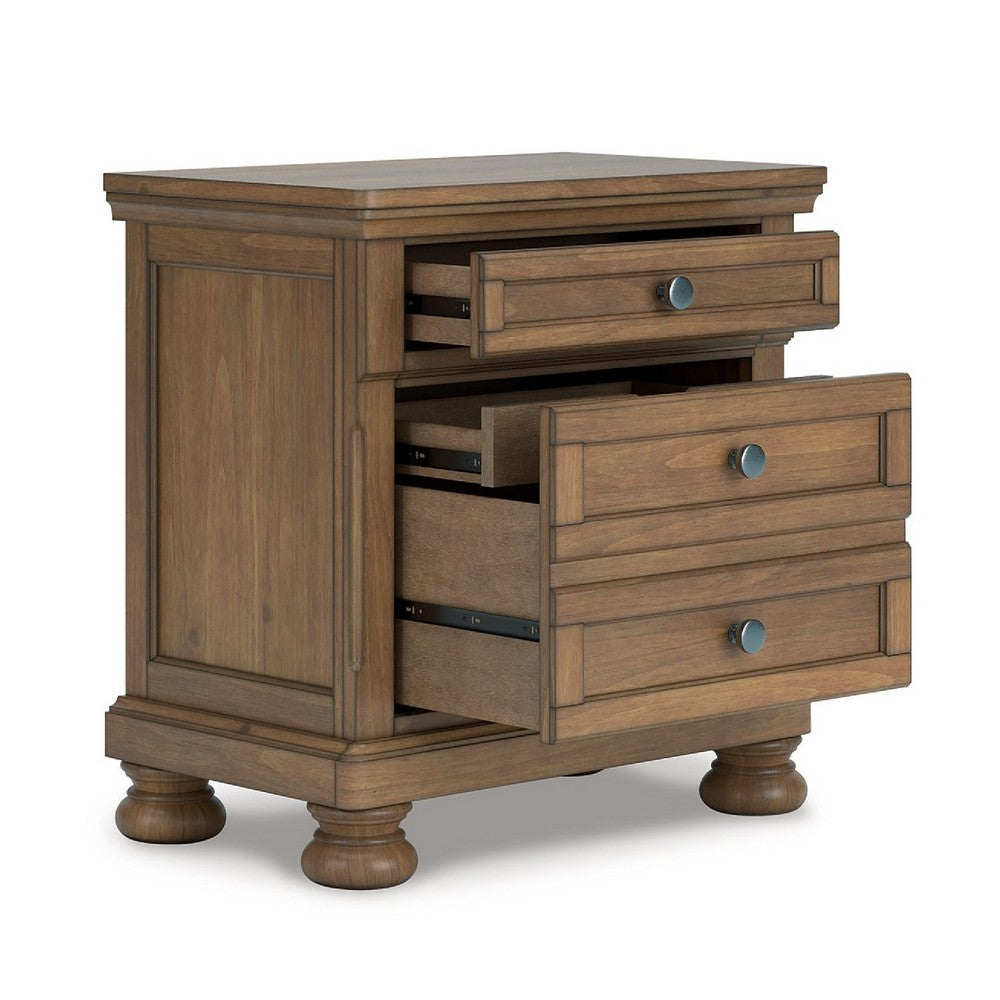 Fedz Oversized Nighstand with 3 Drawers, Bun Feet, Chestnut Brown Wood  - BM352173