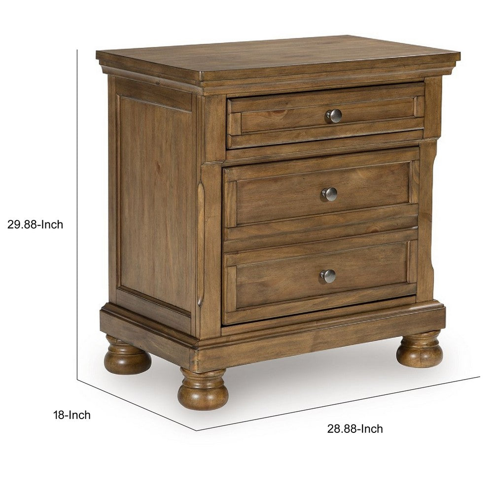 Fedz Oversized Nighstand with 3 Drawers, Bun Feet, Chestnut Brown Wood  - BM352173