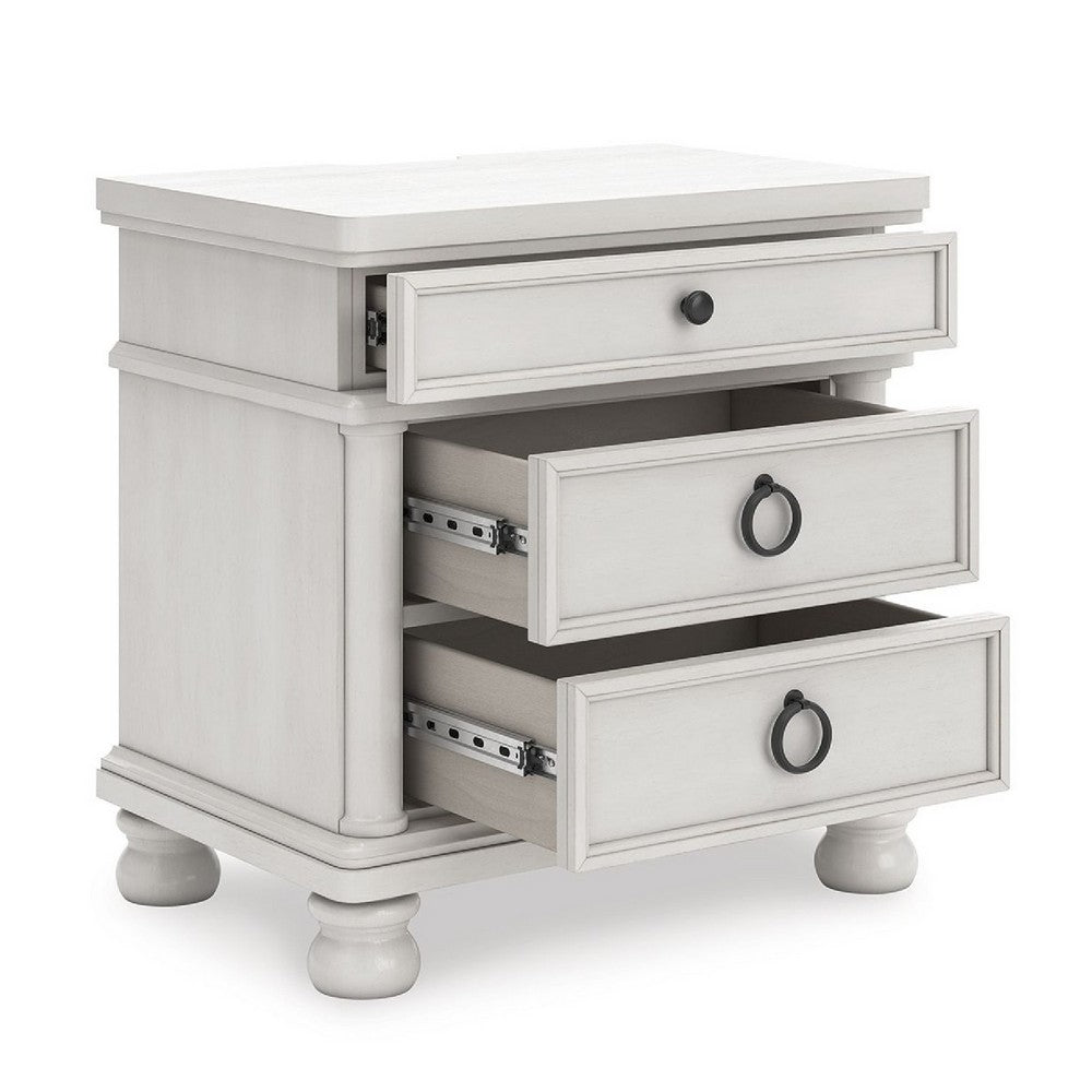 Rowy Bedside Nightstand, 3 Drawers with Pewter Knobs, Antique White - BM352175