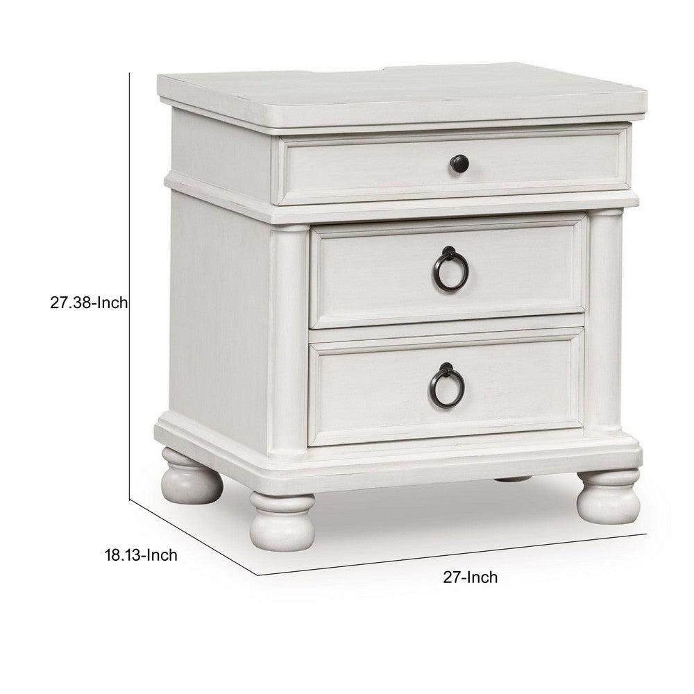 Rowy Bedside Nightstand, 3 Drawers with Pewter Knobs, Antique White - BM352175