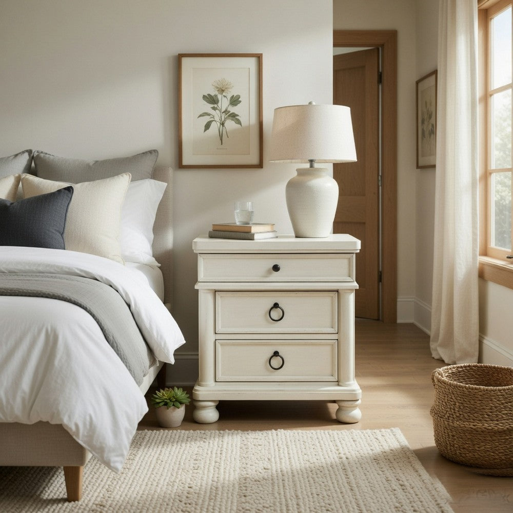 Rowy Bedside Nightstand, 3 Drawers with Pewter Knobs, Antique White - BM352175