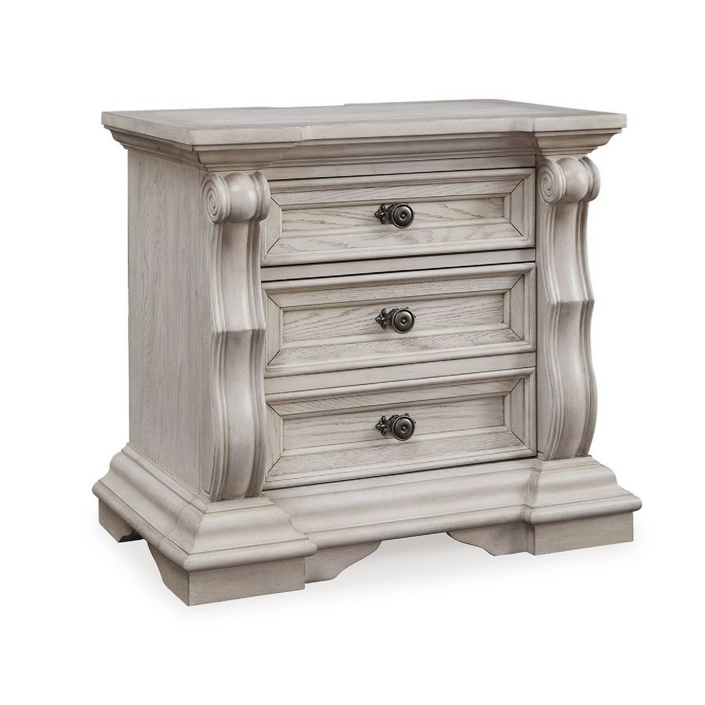 Bryl Oversize Nighstand, 3 Drawers with Bronze Knobs, Antique White - BM352176