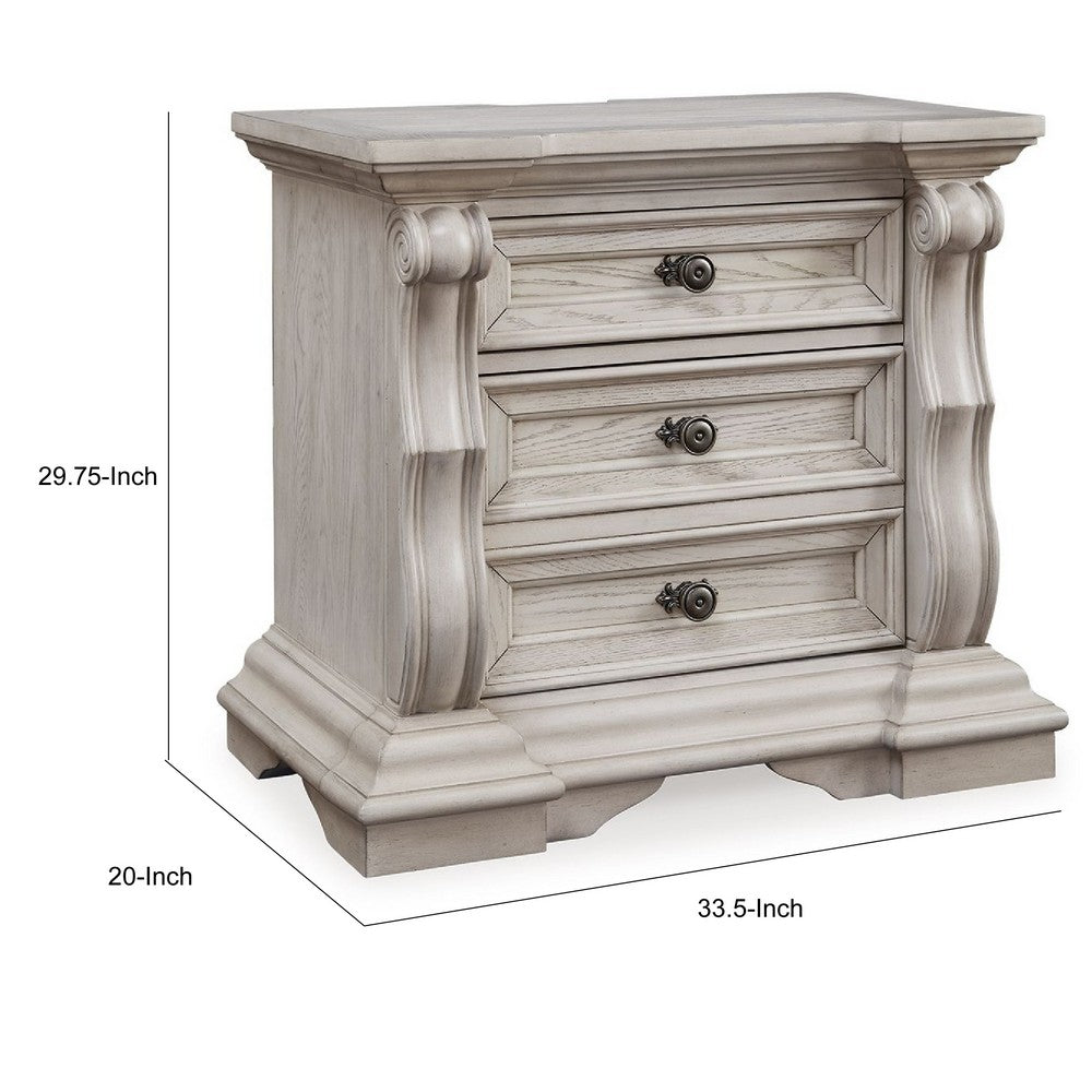 Bryl Oversize Nighstand, 3 Drawers with Bronze Knobs, Antique White - BM352176