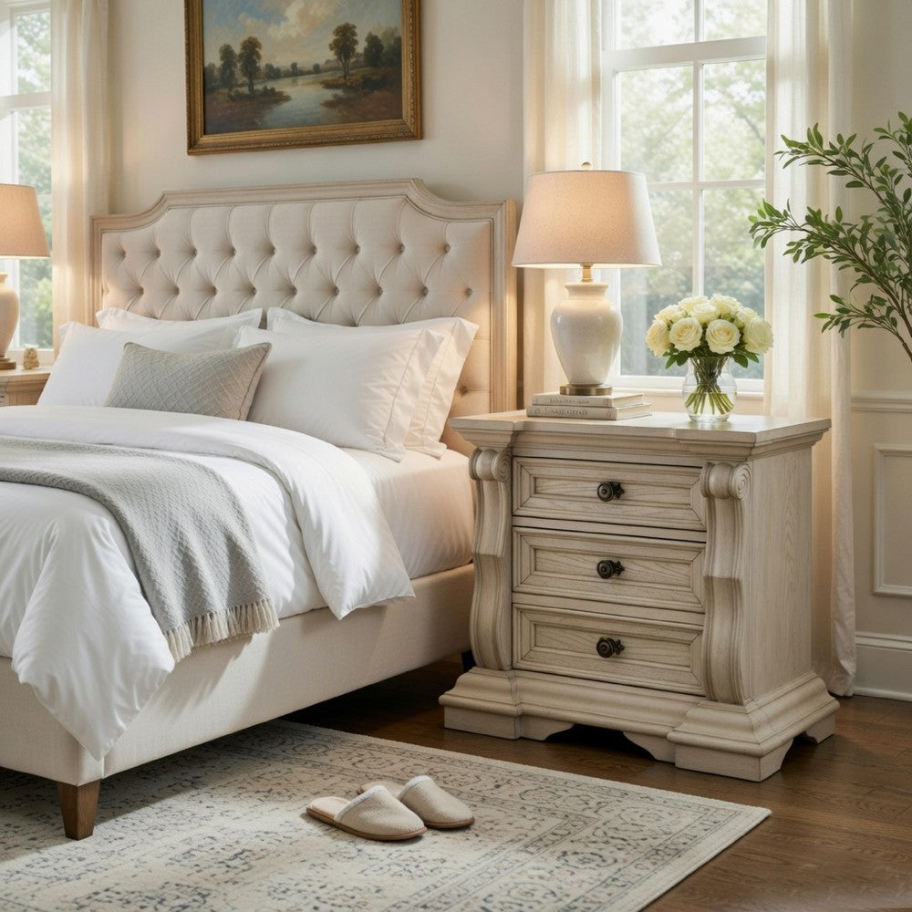 Bryl Oversize Nighstand, 3 Drawers with Bronze Knobs, Antique White - BM352176