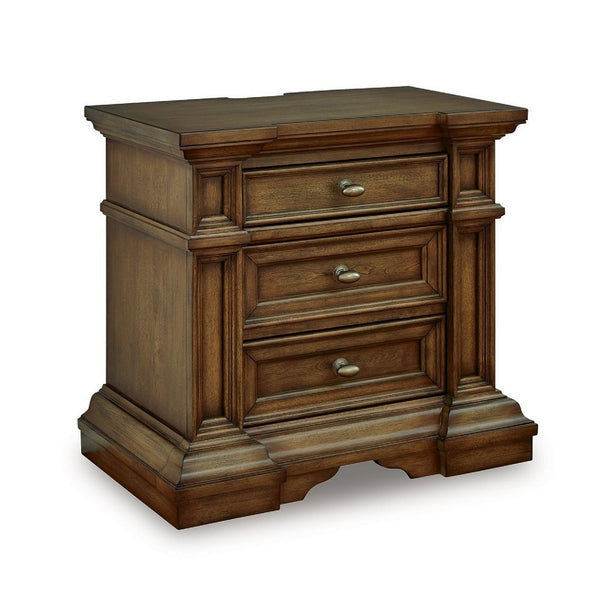 Lesa Nightstand, 3 Drawers with Antique Brass Oval Knobs, Brown 32Inch  - BM352178