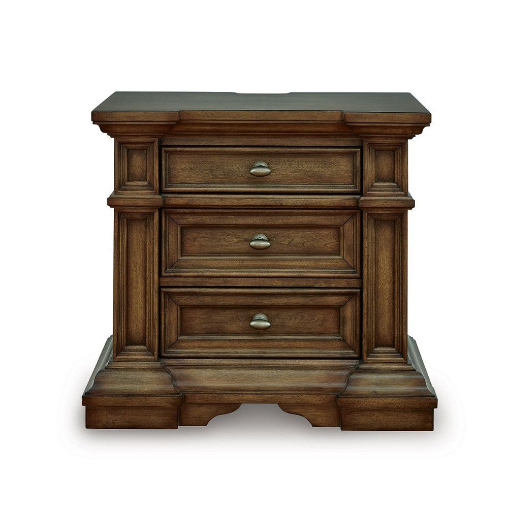 Lesa Nightstand, 3 Drawers with Antique Brass Oval Knobs, Brown 32Inch  - BM352178
