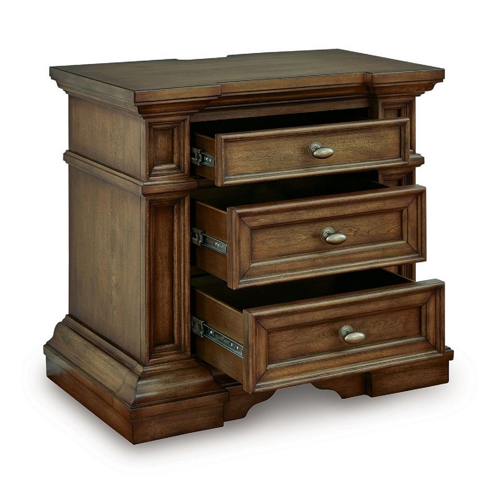 Lesa Nightstand, 3 Drawers with Antique Brass Oval Knobs, Brown 32Inch  - BM352178