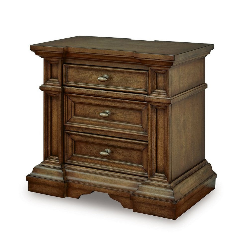 Lesa Nightstand, 3 Drawers with Antique Brass Oval Knobs, Brown 32Inch  - BM352178