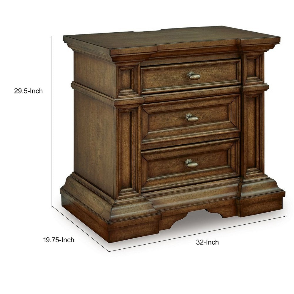 Lesa Nightstand, 3 Drawers with Antique Brass Oval Knobs, Brown 32Inch  - BM352178