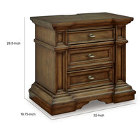 Lesa Nightstand, 3 Drawers with Antique Brass Oval Knobs, Brown 32Inch  - BM352178